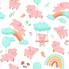Obraz premium Seamless pattern with cute piggy on rainbow and flying with balloon. Funny farm animal little piglet for textiles or fabric for newborns and nursery.