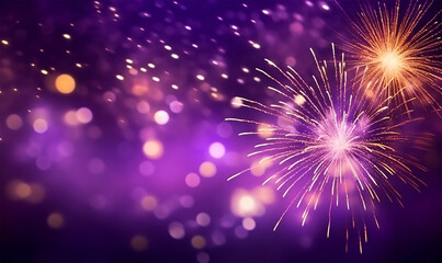 Fototapeta premium vibrant spectacle of gold and dark violet fireworks and bokeh