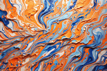 Abstract marbling watercolor oil acrylic paint background art wallpaper - Blue orange color with liquid fluid marbled paper