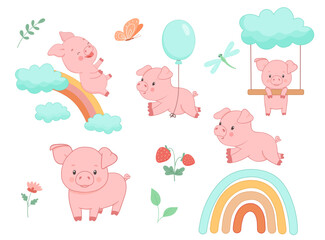 Cute piggy playing on rainbow, flying with balloon. Hand drawn vector illustrations set isolated on white background. Funny Farm animal for kids