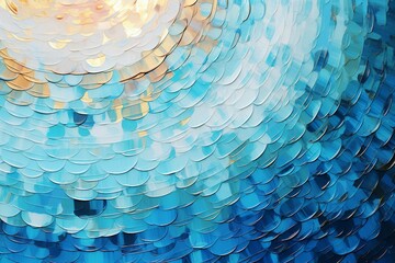 渦状の抽象背景油絵バナー）青と水色とメタリックな金色の立体的な魚の鱗風の柄 - obrazy, fototapety, plakaty