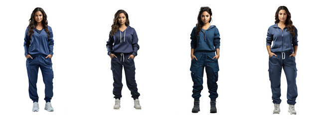 asian female doctor in navy blue sporty scrub suit with a lot of pockets, white sneakers, full body photo