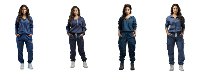 asian female doctor in navy blue sporty scrub suit with a lot of pockets, white sneakers, full body photo