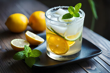 Refreshing Fruity Summer Drink on Table with Lemon and Mint