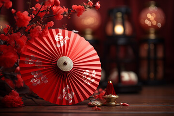 Generative AI Image of Happy Chinese New Year with Umbrella and Red Flowers Decoration - obrazy, fototapety, plakaty