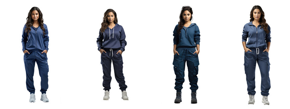 asian female doctor in navy blue sporty scrub suit with a lot of pockets, white sneakers, full body photo