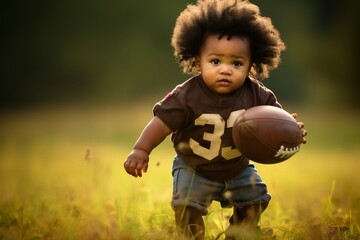 Adorable african american baby boy standing in the grass holding ball, wearing a football uniform.