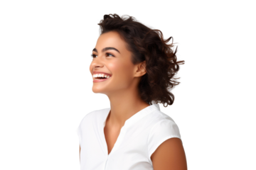 A beautiful woman smiling and looking to the right sideways, isolated on a white background