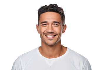 Close-up portrait of a handsome man with happy smile on his face, model posing in studio isolated on white background