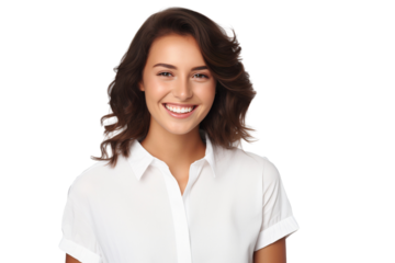 Close-up portrait of a beautiful woman with happy smile on her face, beautiful model posing in studio isolated on white background