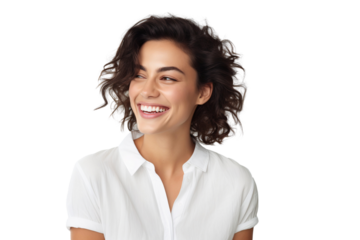 Close-up portrait of a beautiful woman with happy smile on her face, beautiful model posing in studio isolated on white background