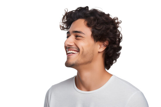 Close-up Portrait Of A Handsome Man With A Happy Smile Looking To The Right Sideways In Studio, Isolated On White Background