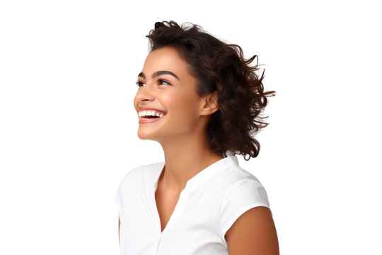 A beautiful woman smiling and looking to the right sideways, isolated on a white background