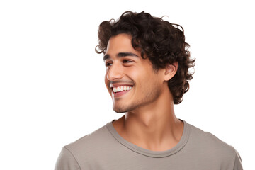 Close-up portrait of a handsome man with a happy smile looking to the left sideways in studio, isolated on transparent background - obrazy, fototapety, plakaty