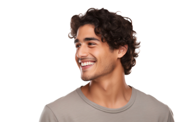 Close-up portrait of a handsome man with a happy smile looking to the left sideways in studio, isolated on transparent background