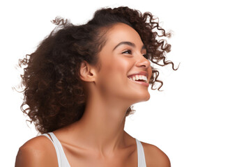 A beautiful woman smiling and laughing, looking to the left sideways, isolated on a transparent background