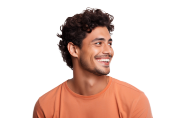 Close-up portrait of a handsome man with a happy smile looking to the left sideways in studio, isolated on transparent background