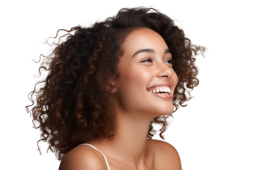 A beautiful woman smiling and laughing, looking to the left sideways, isolated on a transparent background