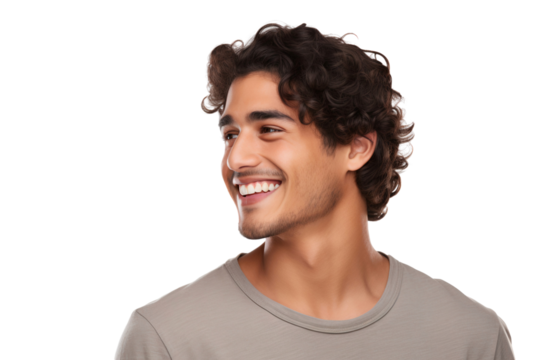 Close-up portrait of a handsome man with a happy smile looking to the left sideways in studio, isolated on transparent background