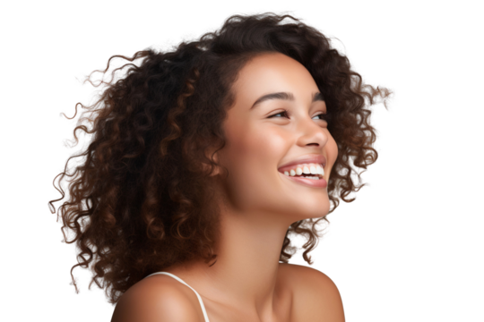 A beautiful woman smiling and laughing, looking to the left sideways, isolated on a transparent background