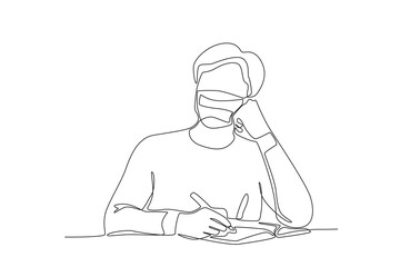 One single line drawing a male student wearing a mask is watching the teacher. Medical health care service excellence concept continuous line draw design vector illustration
