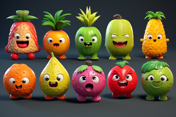 Vegetables and fruits in a new light as funny, stylized sketch cartoon characters. This playful collection of icons adds a dash of humor to your culinary palette. Generative AI.