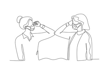 One single line drawing a female office employees wearing masks shaking hands using elbows to prevent covid-19. Medical health care service excellence concept continuous line draw design vector