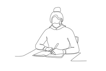 Fototapeta na wymiar One single line drawing a female student wearing a mask is taking notes. Medical health care service excellence concept continuous line draw design vector illustration 