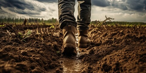 person walking in soil in a field, generative AI - obrazy, fototapety, plakaty