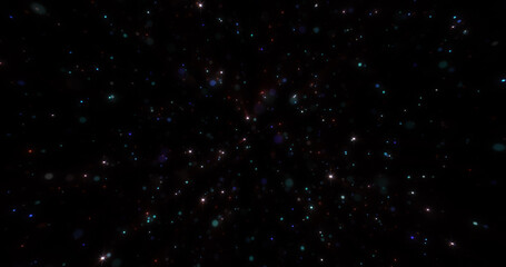 Abstract dark background of small round bokeh particles, beautiful holiday snowflakes, magical snow, energetic bright glowing cosmic stars