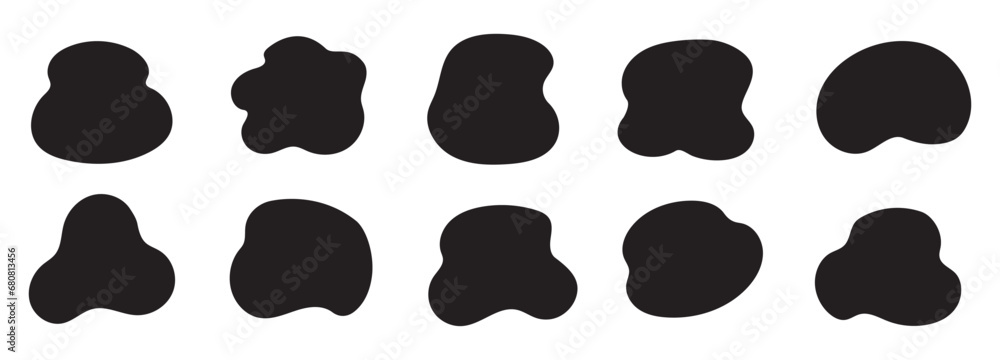 Poster Organic blob shape, abstract amoeba, irregular fluid element set. Simple flat abstract splodge, amoeba blob, liquid shape graphic design element. Vector illustration