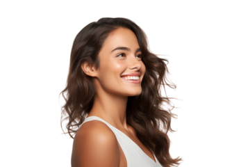 Portrait of a beautiful woman with a happy smile and looking to the left sideways, isolated on a transparent background