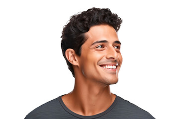 Portrait of a handsome Latino man with a happy smile, looking to the left sideways, isolated on transparent background