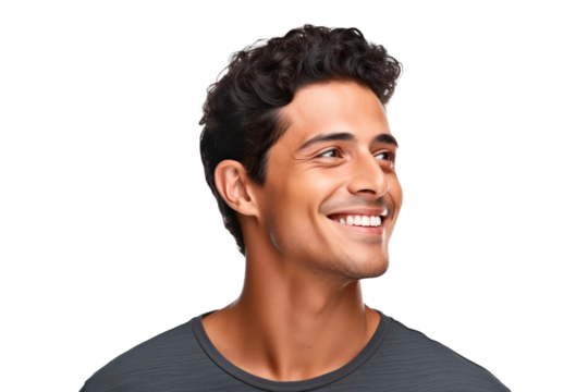 Portrait of a handsome Latino man with a happy smile, looking to the left sideways, isolated on transparent background