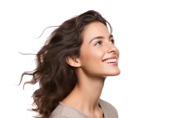 Foto op Aluminium Portrait of a beautiful woman with a happy smile and looking up, isolated on a transparent background © The Stock Guy