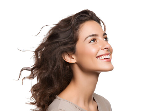 Portrait of a beautiful woman with a happy smile and looking up, isolated on a transparent background