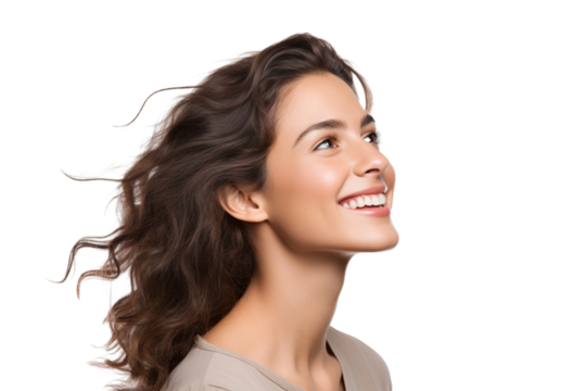 Portrait of a beautiful woman with a happy smile and looking up, isolated on a transparent background