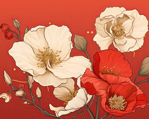poppy flowers, predominantly in red and cream against a warm red background