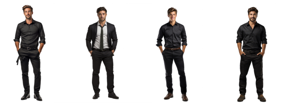 Full picture of young male architect, black pants, black shoes standing against