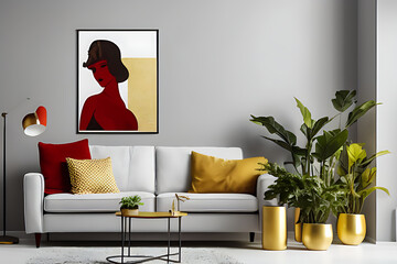 A Crimson Couch and Coffee Table, Potted Plants, Golden Yellow Theme Wall with Vertical Blank Poster in a Minimalist Room
