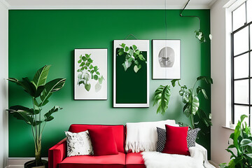 A Crimson Couch and Coffee Table Potted Plants Green Color Theme