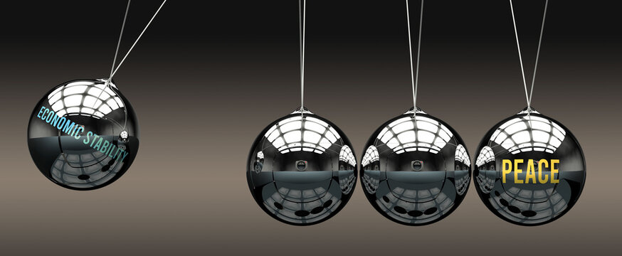 Economic stability leads to Peace. A metaphor in which Economic stability gives power to set Peace in motion. Cause and effect relation between Economic stability and Peace.,3d illustration