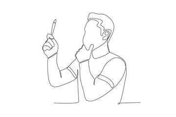 Single continuous line drawing healthcare a man is checking body temperature independently at home. Expectant lady have rest at home with glass. One line draw design graphic vector