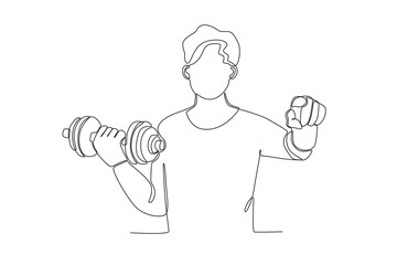 Single continuous line drawing healthcare a man is exercising lifting weights at home to maintain health. Expectant lady have rest at home with glass. One line draw design graphic vector
