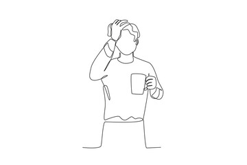 Single continuous line drawing healthcare a man makes herbal decoctions to get rid of headaches. Expectant lady have rest at home with glass. One line draw design graphic vector
