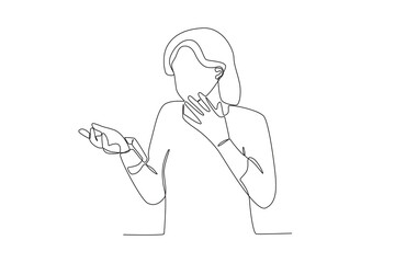 Single continuous line drawing healthcare a woman is checking blood pressure independently at home. Expectant lady have rest at home with glass. One line draw design graphic vector
