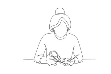 Single continuous line drawing healthcare a woman is checking sugar levels independently at home. Expectant lady have rest at home with glass. One line draw design graphic vector
