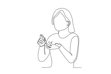 Single continuous line drawing healthcare a woman is checking sugar levels independently at home2. Expectant lady have rest at home with glass. One line draw design graphic vector
