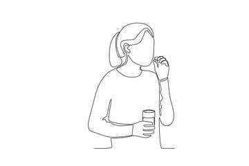 Single continuous line drawing healthcare a woman is taking medicine. Expectant lady have rest at home with glass. One line draw design graphic vector
