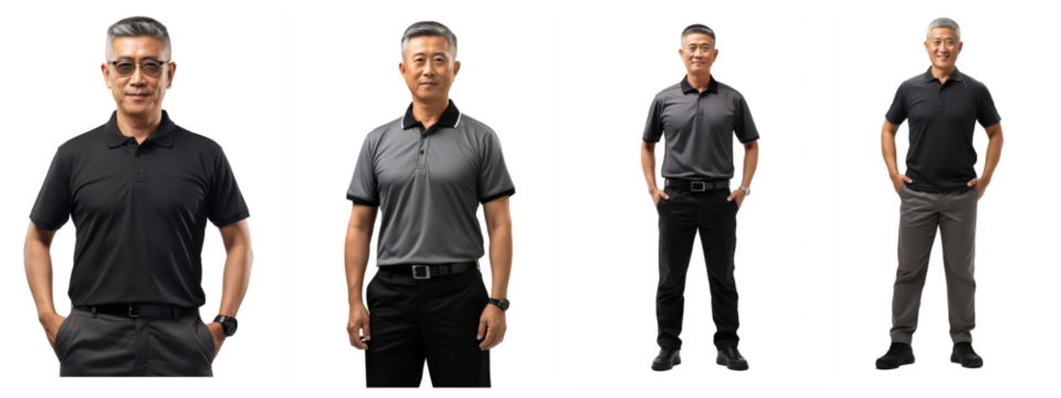 middle aged asia man, wearing a gray polo shirt, black pants,with smile, stood